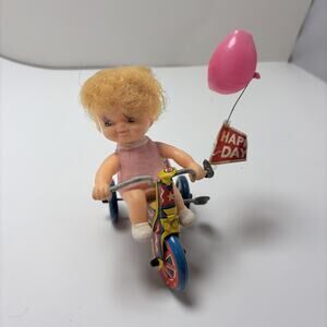 Vintage Happy Days Mechanical Tin Wind up Toy, Girl on Tricycle Pink Balloon